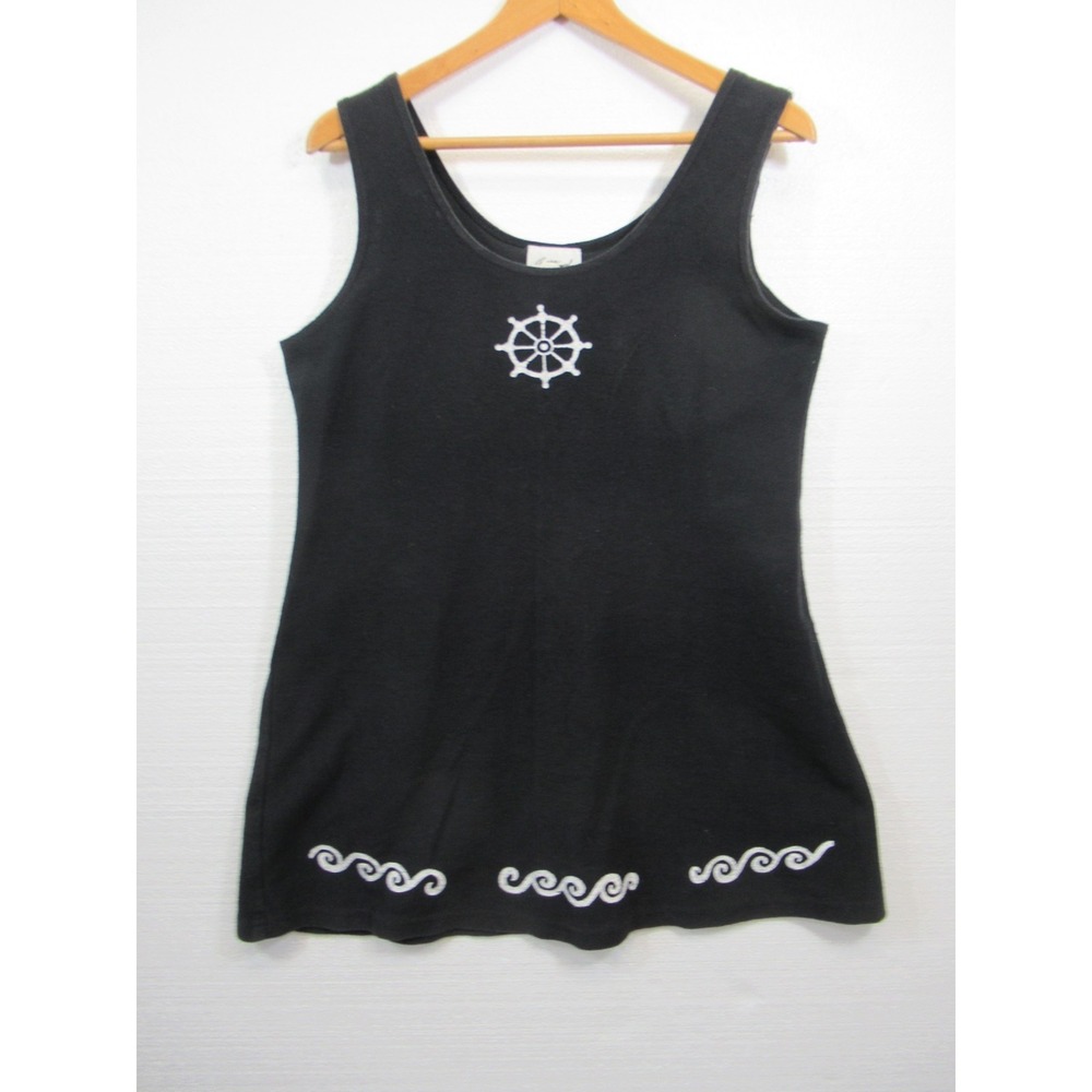 Vtg 90s Easy Apparel Nautical Print Oversize Tank Top Women L Black Lagenlook